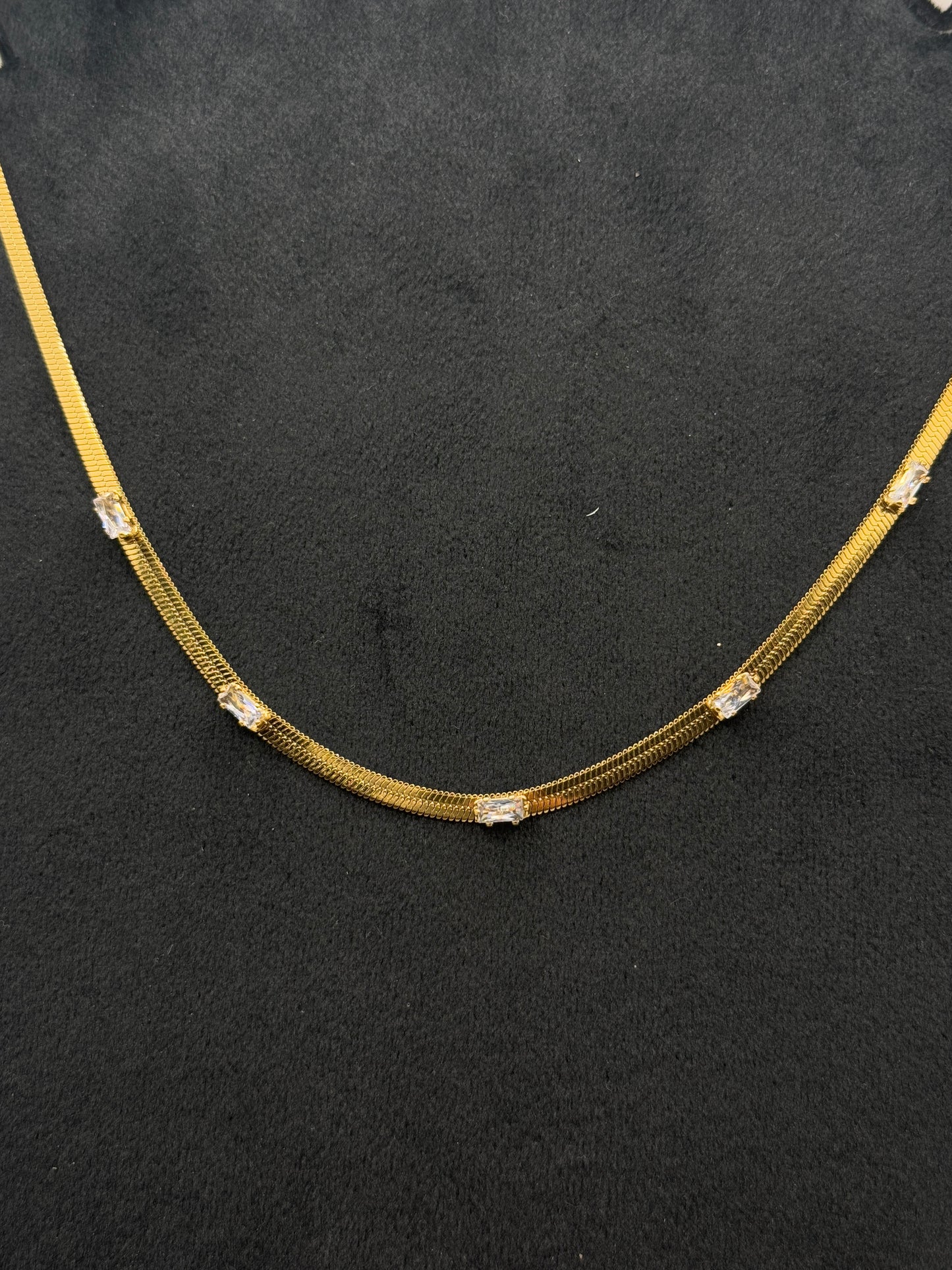 Glimmering Gold Snake Chain Necklace with Cubic Zirconia Stations