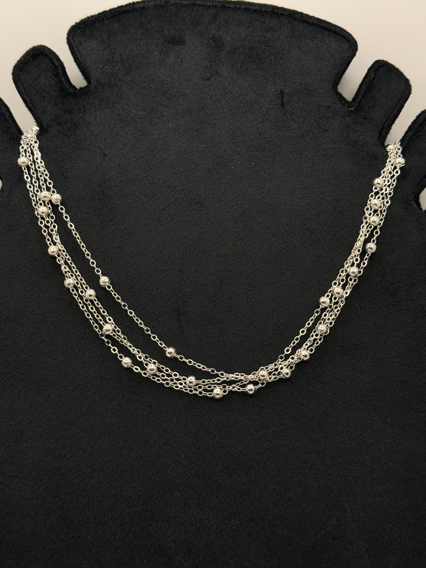 Silver Tone Multi-Strand Beaded Chain Necklace