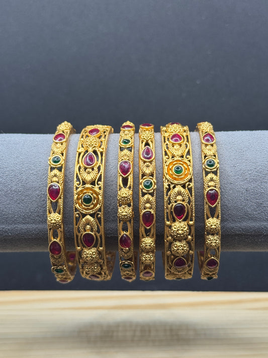 Set of 6 Antique Gold Plated Bangles with Ruby & Emerald Stones 2*8