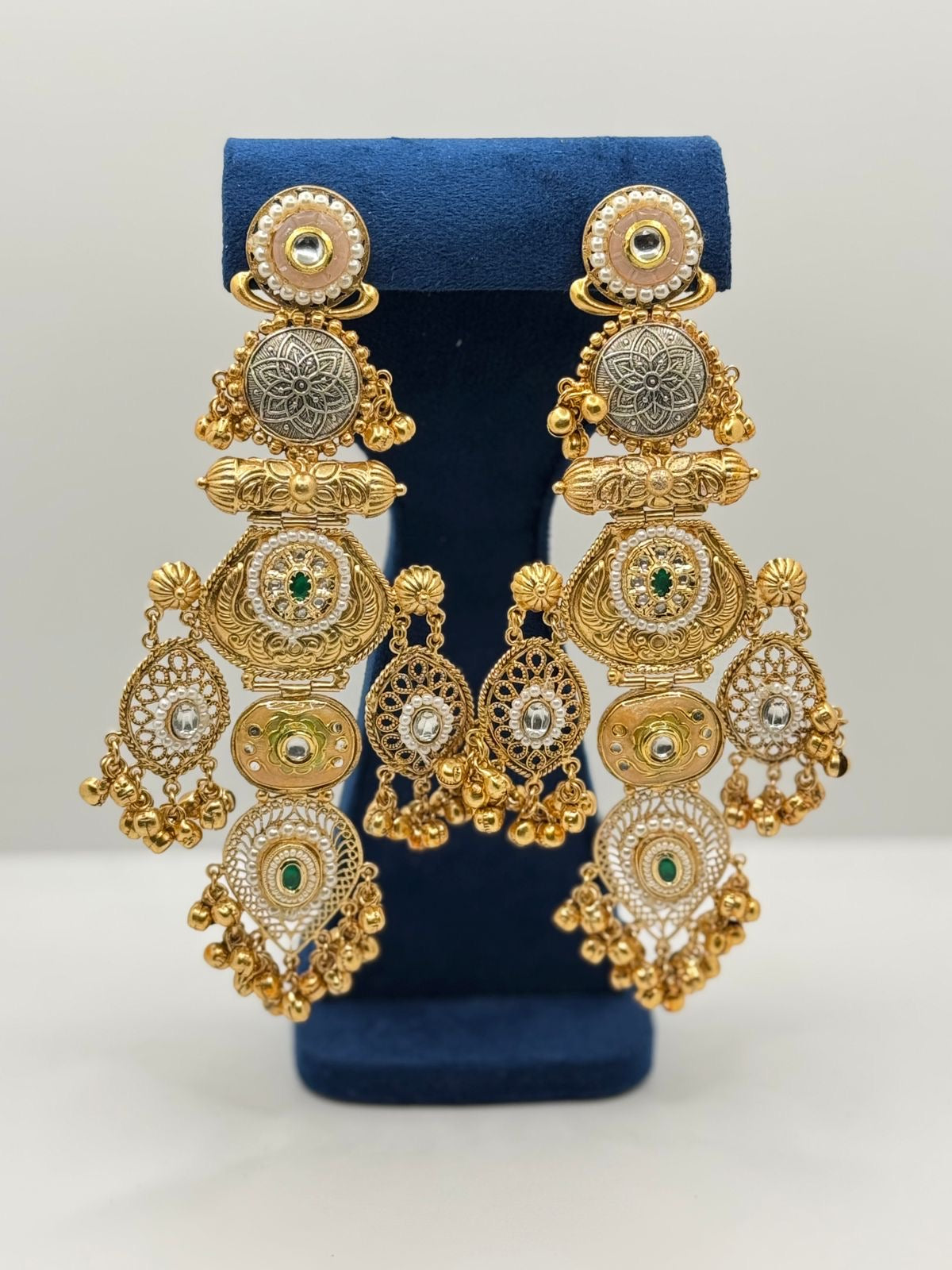 Multi-Tiered Gold & Silver Jhumkas with Green Accents