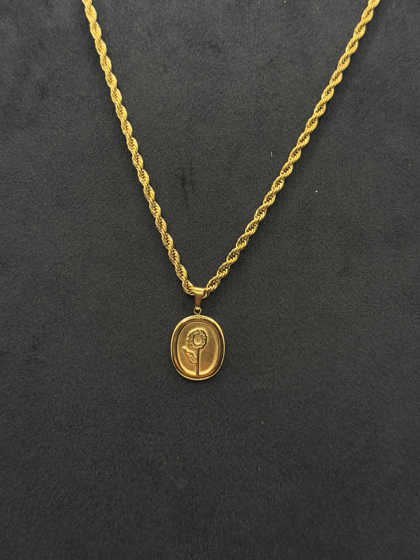 Gold Rope Chain Necklace with Floral Medallion Pendant