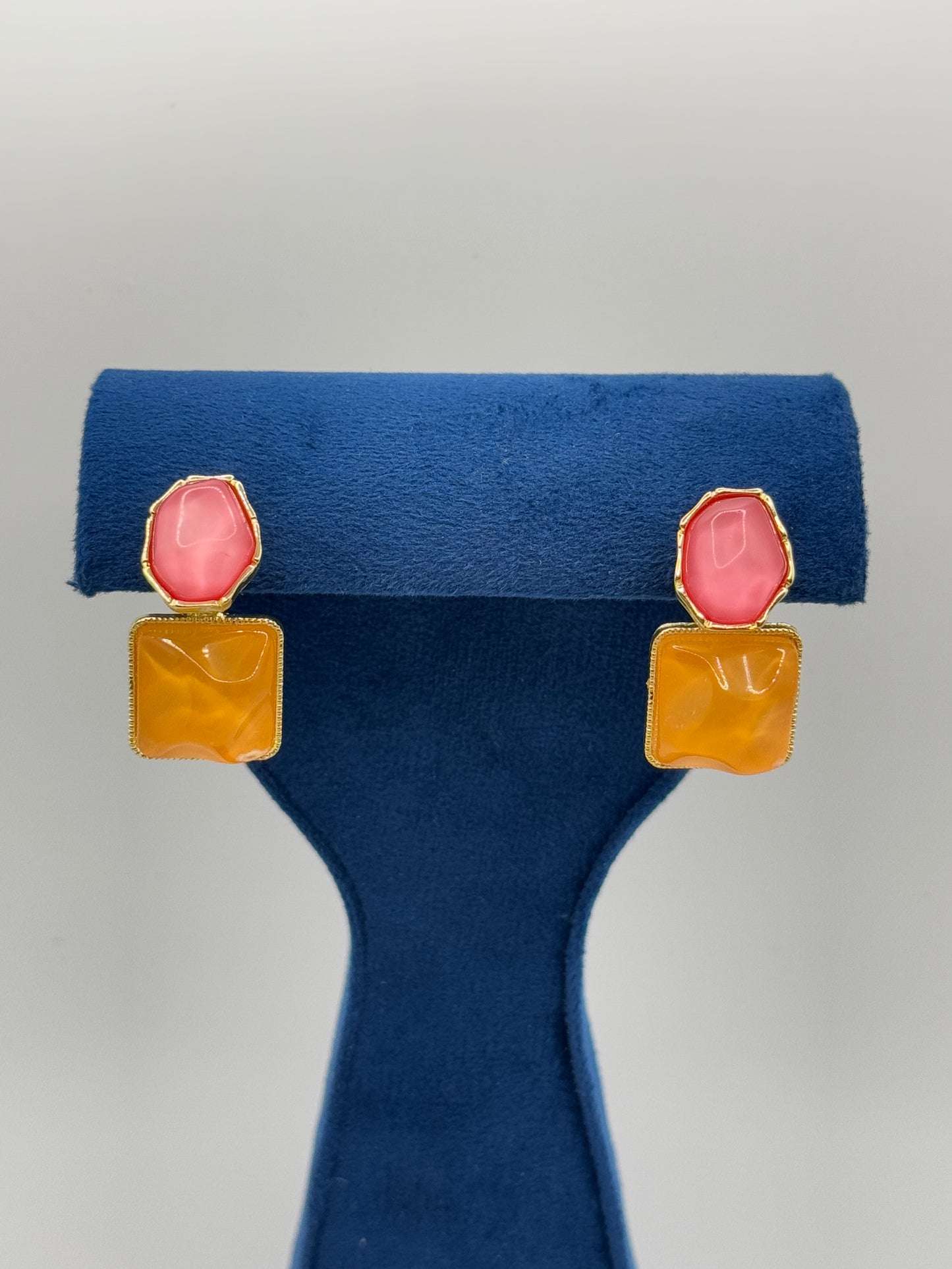 Gold-Toned Dual Stone Drop Earrings - Pink & Amber