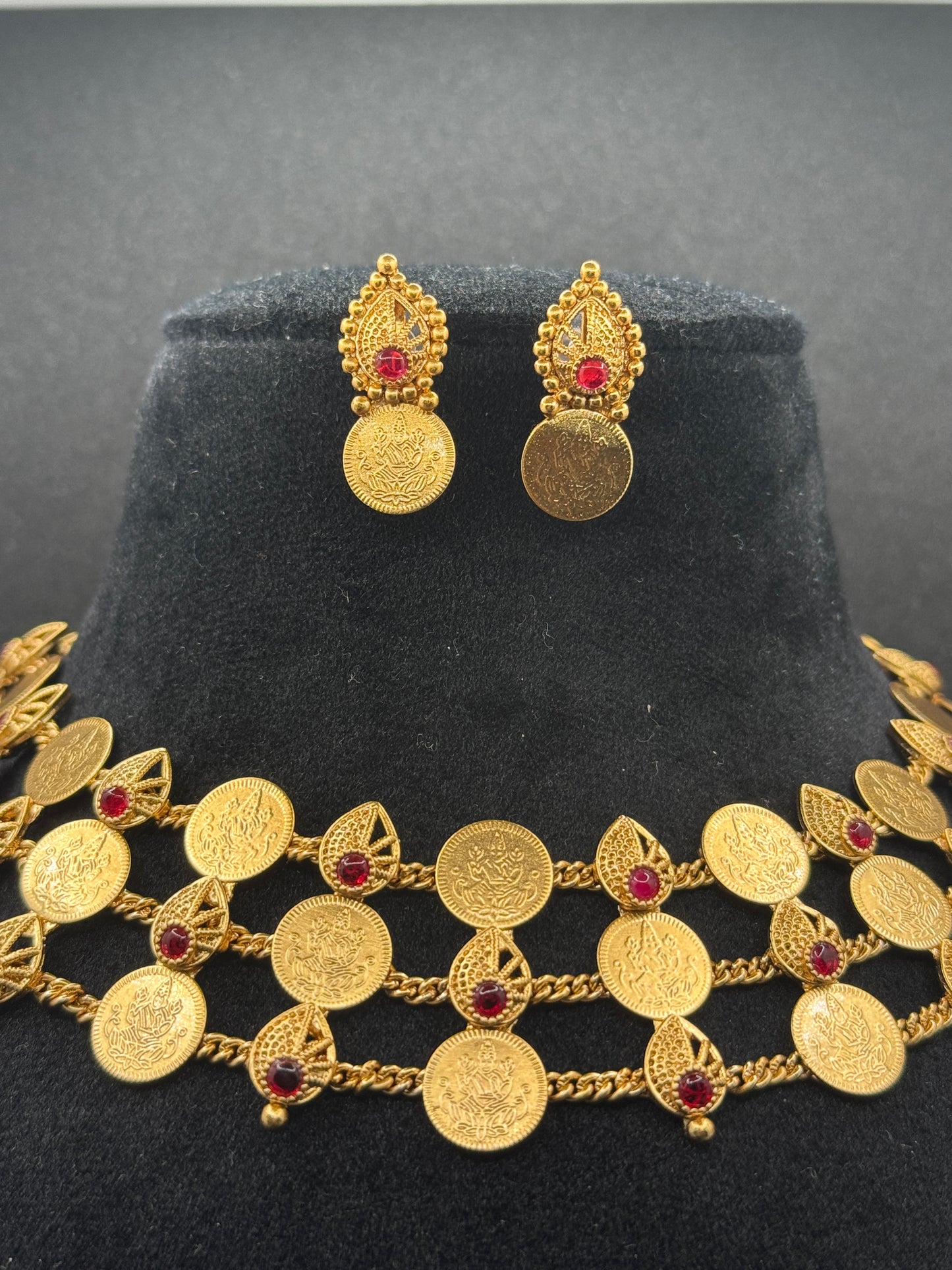 Dainty Gold Coin Choker Necklace Set with Ruby Accents