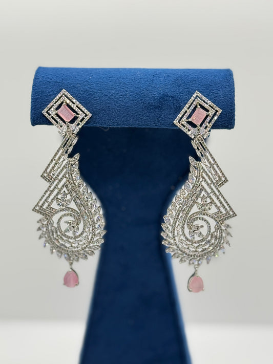 Ornate Silver-Tone & Pink Gemstone Drop Earrings