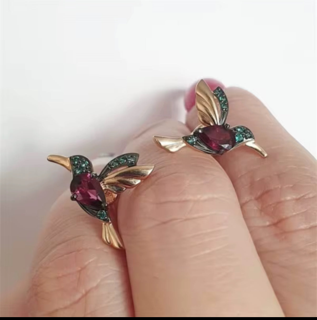 Magenta and Green Hummingbird Threader Earrings