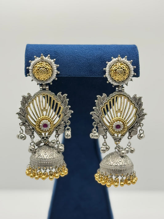 Ruby Stone Fan-Design Dual-Tone Jhumkas