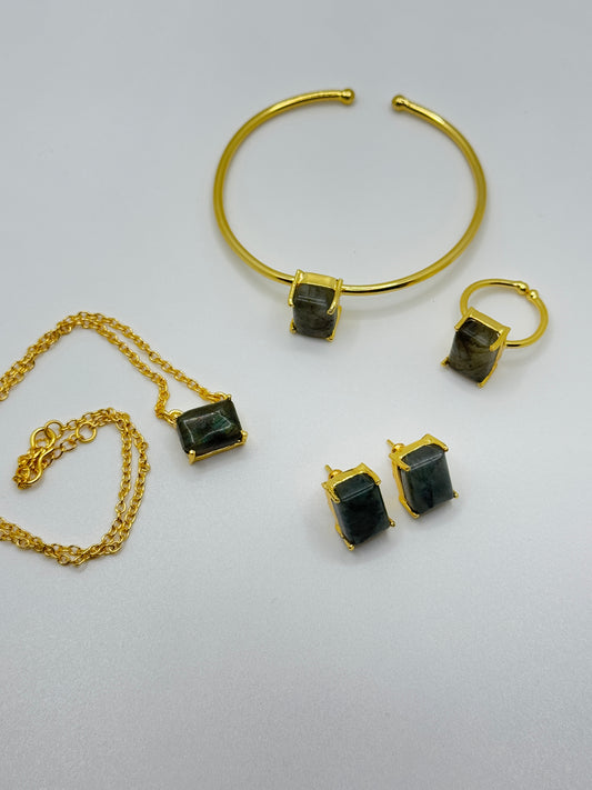 Gold Jewelry Set with Dark Grey Gemstone Cubes