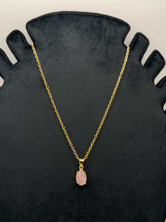 Gold Chain Necklace with Oval Rose Quartz Pendant