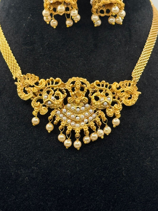 Matte Gold Plated Lakshmi Temple Jewelry Necklace Set