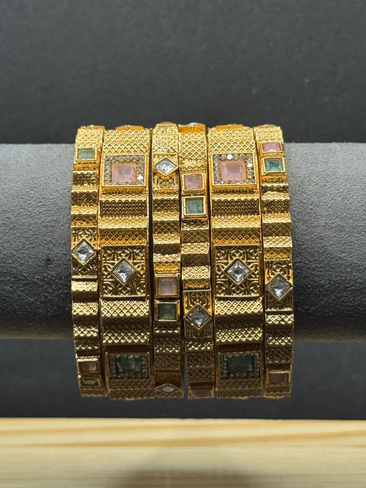Modern Gold-Toned Bangles with Geometric Gemstone 2*6