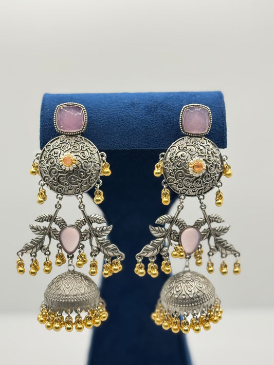 Pink Stone Oxidised Leaf Motif Jhumkas