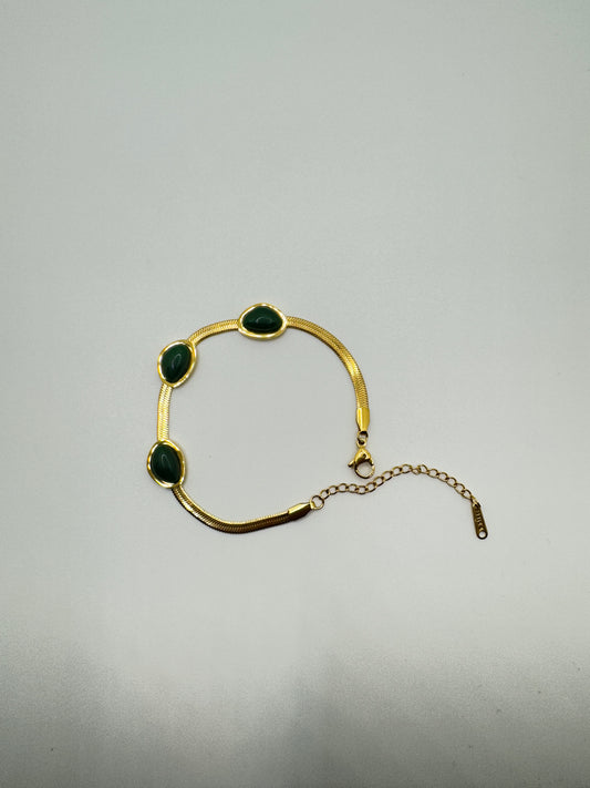 Gold Tone Snake Chain Bracelet with Green Cabochons