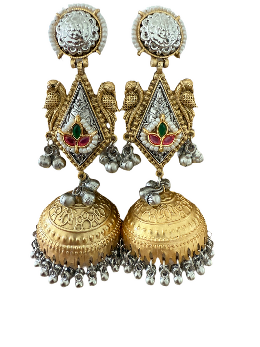 Exquisite Dual-Tone Jhumka Earrings with Light Green and Pearl