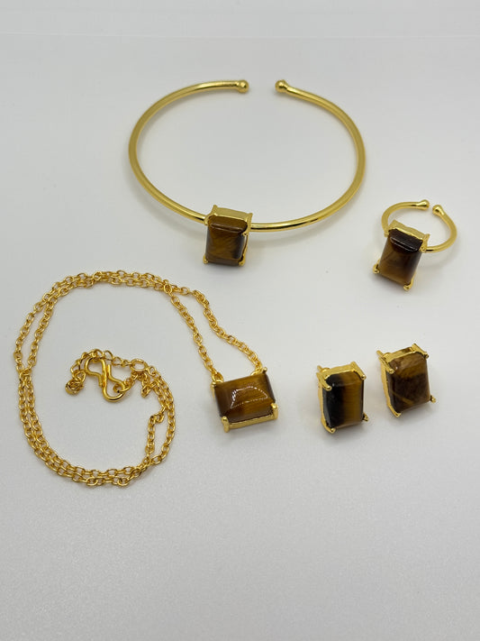 Gold Jewelry Set with Tiger's Eye Cubes