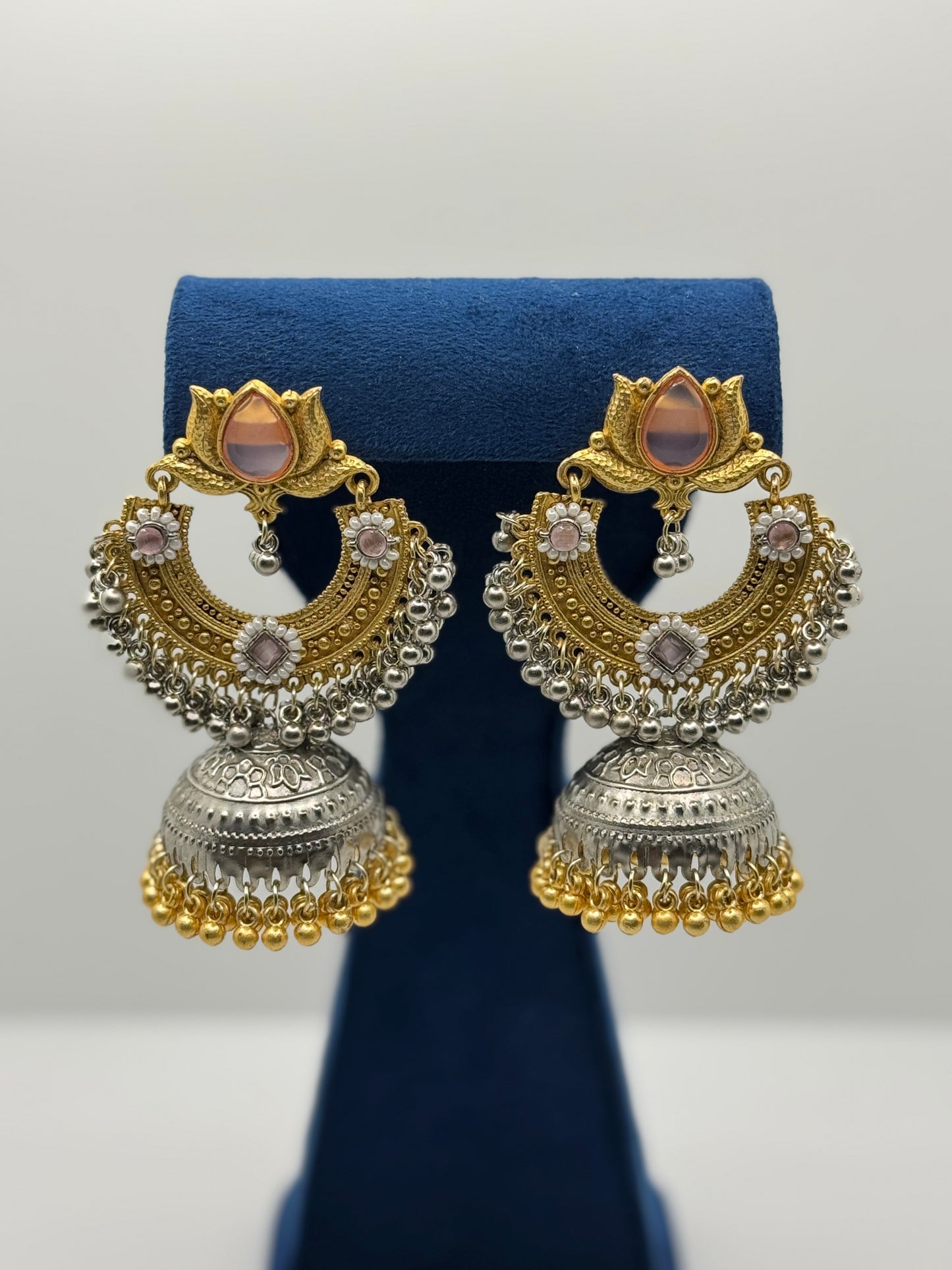 Pink Stone Chandbali Jhumkas