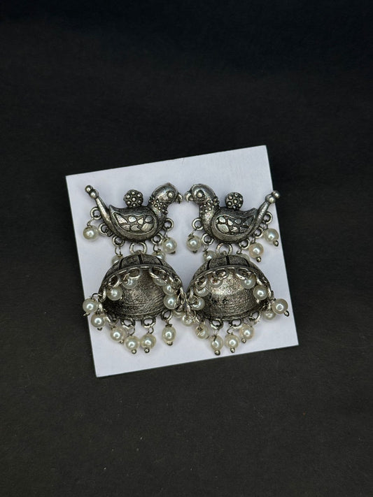 Bird shape silver oxidised jhumka