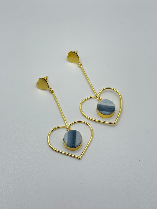 Gold Heart Drop Earrings with Striped Stone Inlay