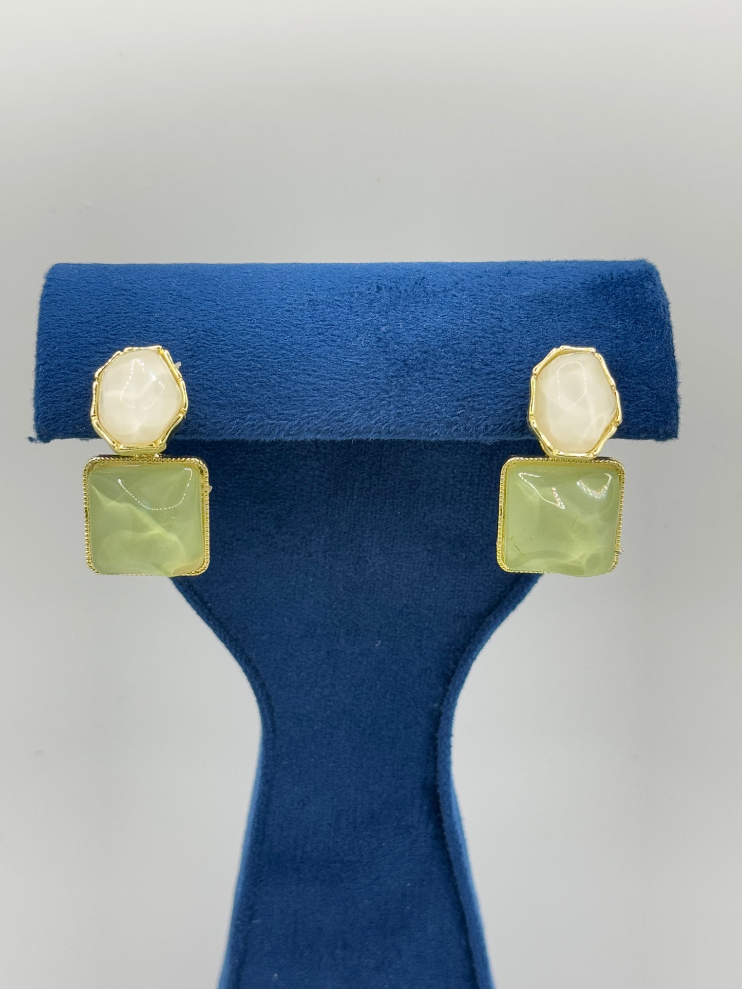 Gold-Toned Dual Stone Drop Earrings - Mint Green & Ivory