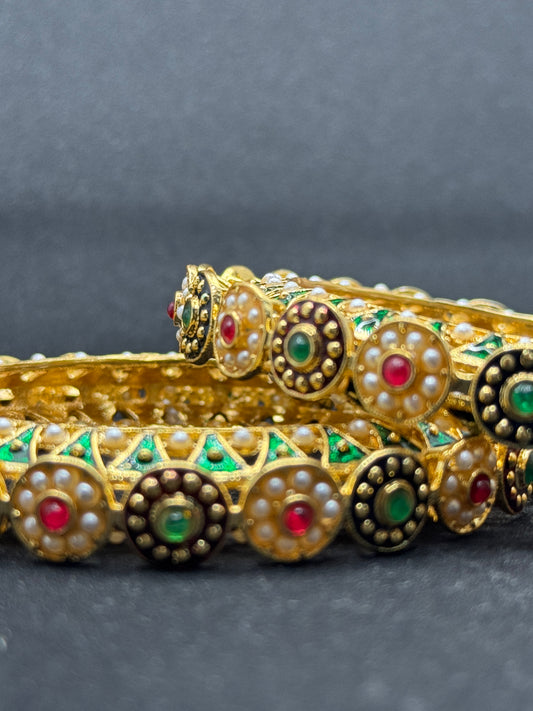 Ornate Gold Plated Pachili Style Bangles with Pearl 2*8