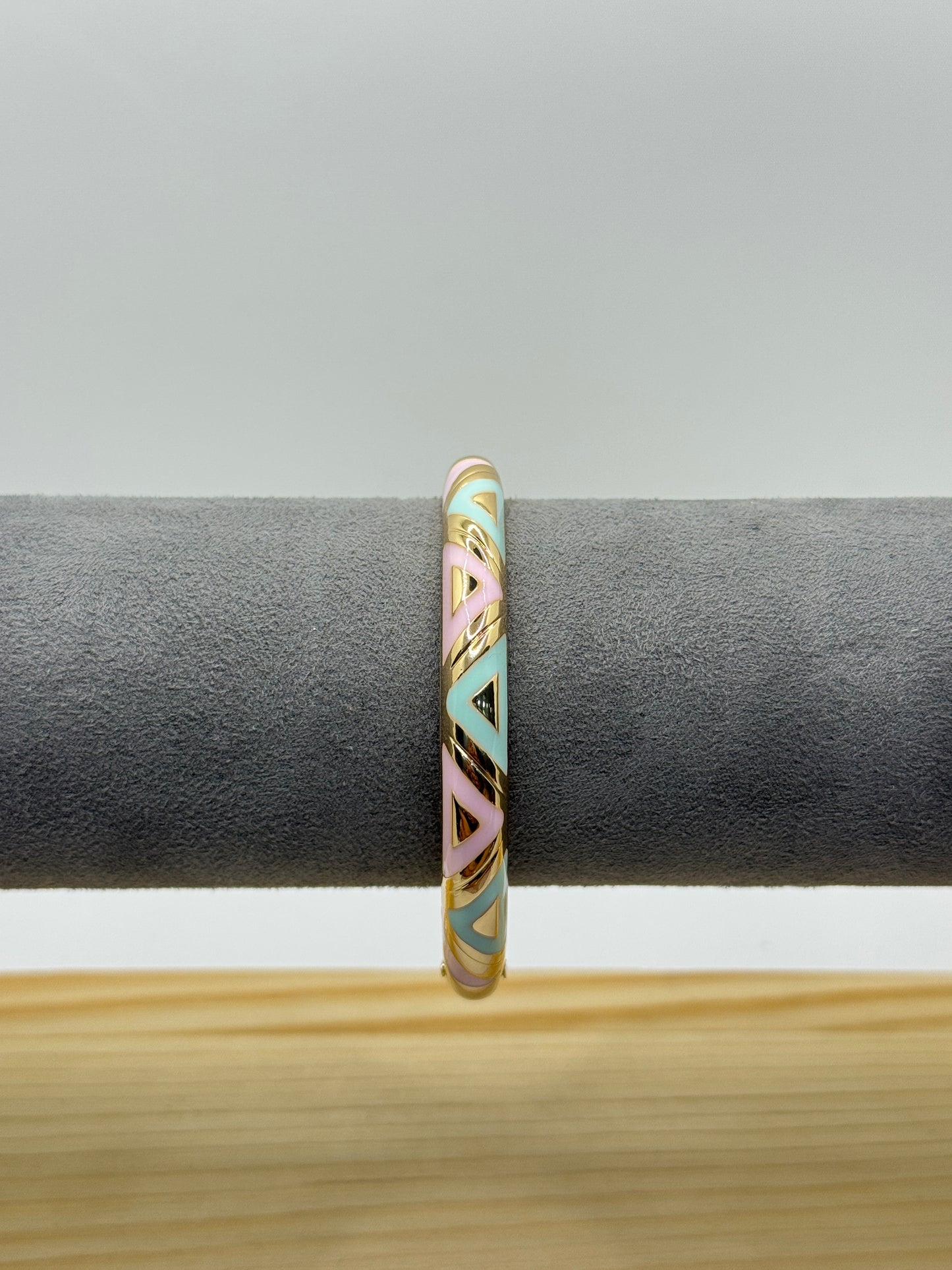 Gold Bangle with a Pastel Pink and Blue Geometric Pattern