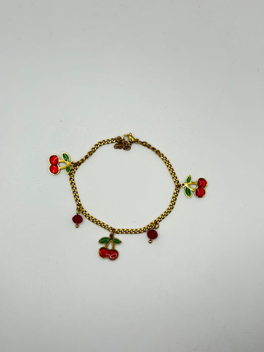 Gold Charm Bracelet with Red Cherries