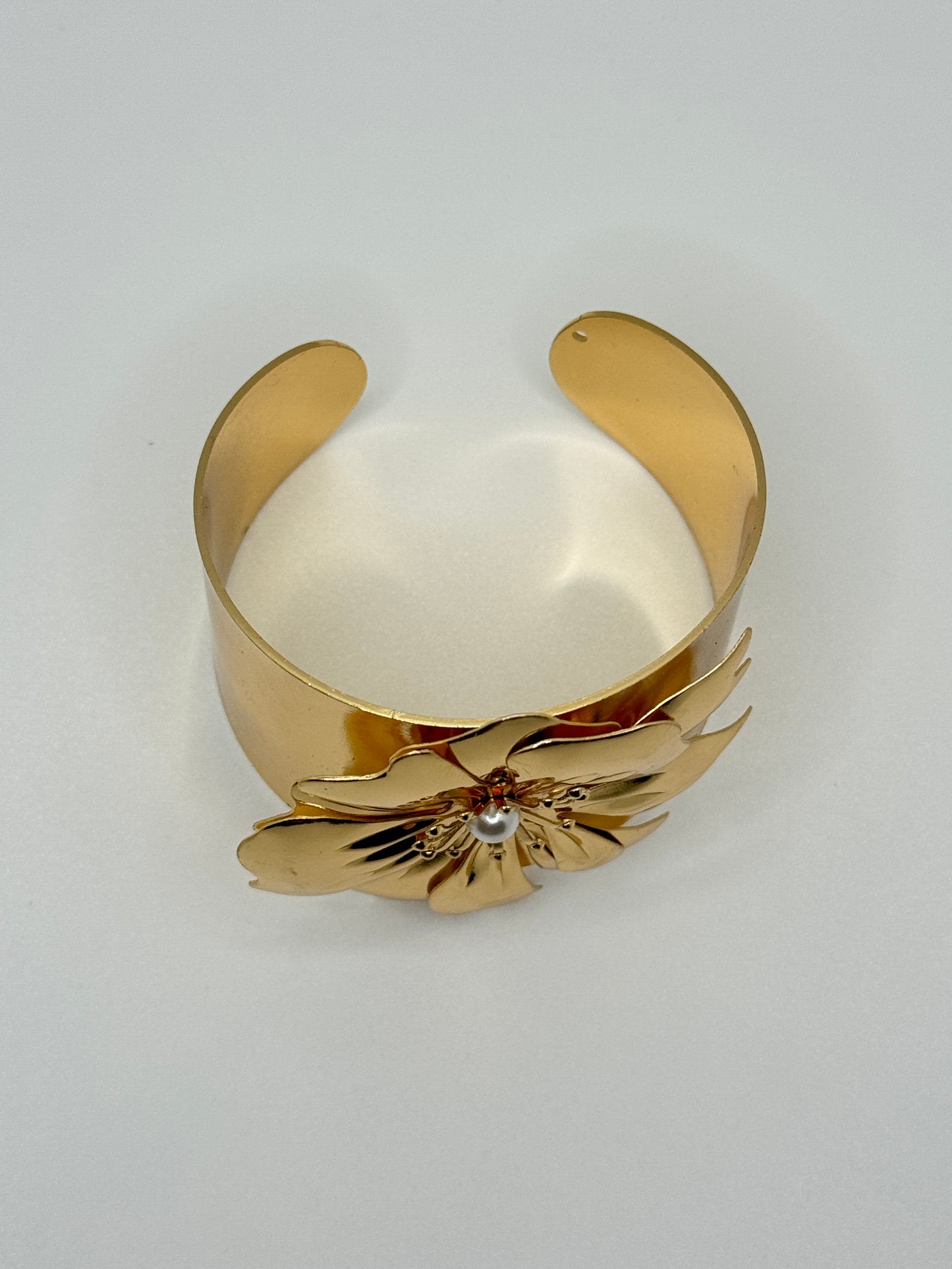 Gold Plated Floral Cuff with Pearl Accent Bracelet