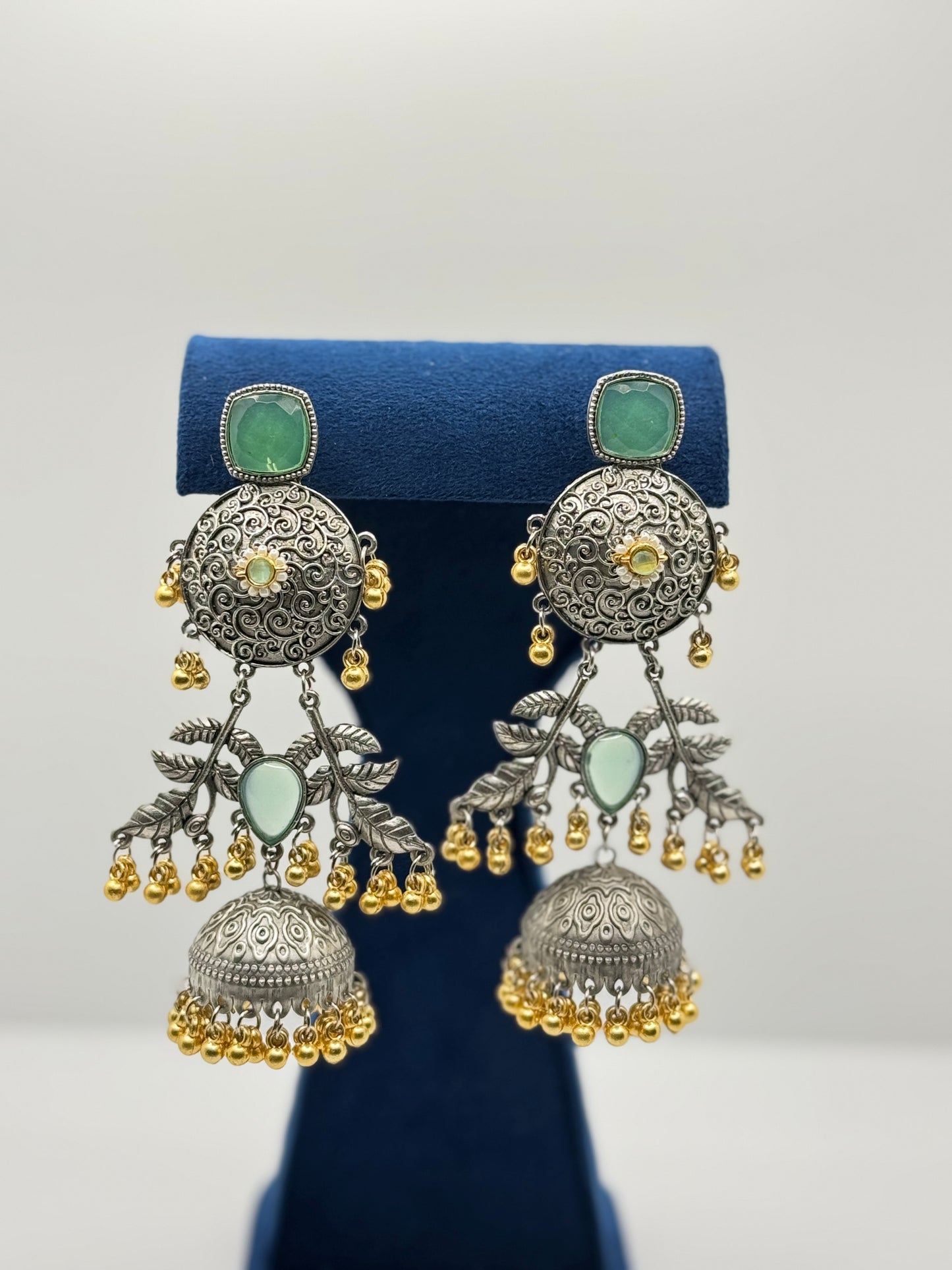 Light Green Stone Oxidised Leaf Motif Jhumkas