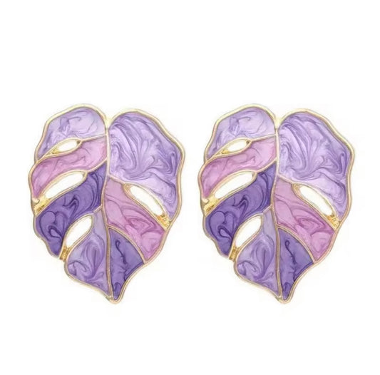 Purple Monstera Leaf Earrings