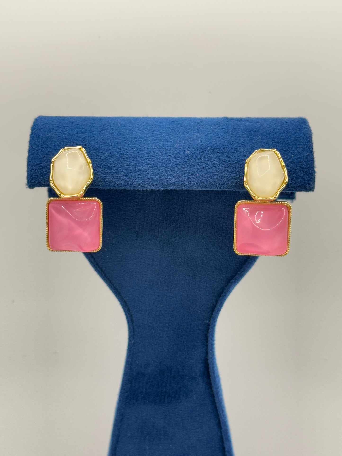 Gold-Toned Dual Stone Drop Earrings - Pink & Ivory