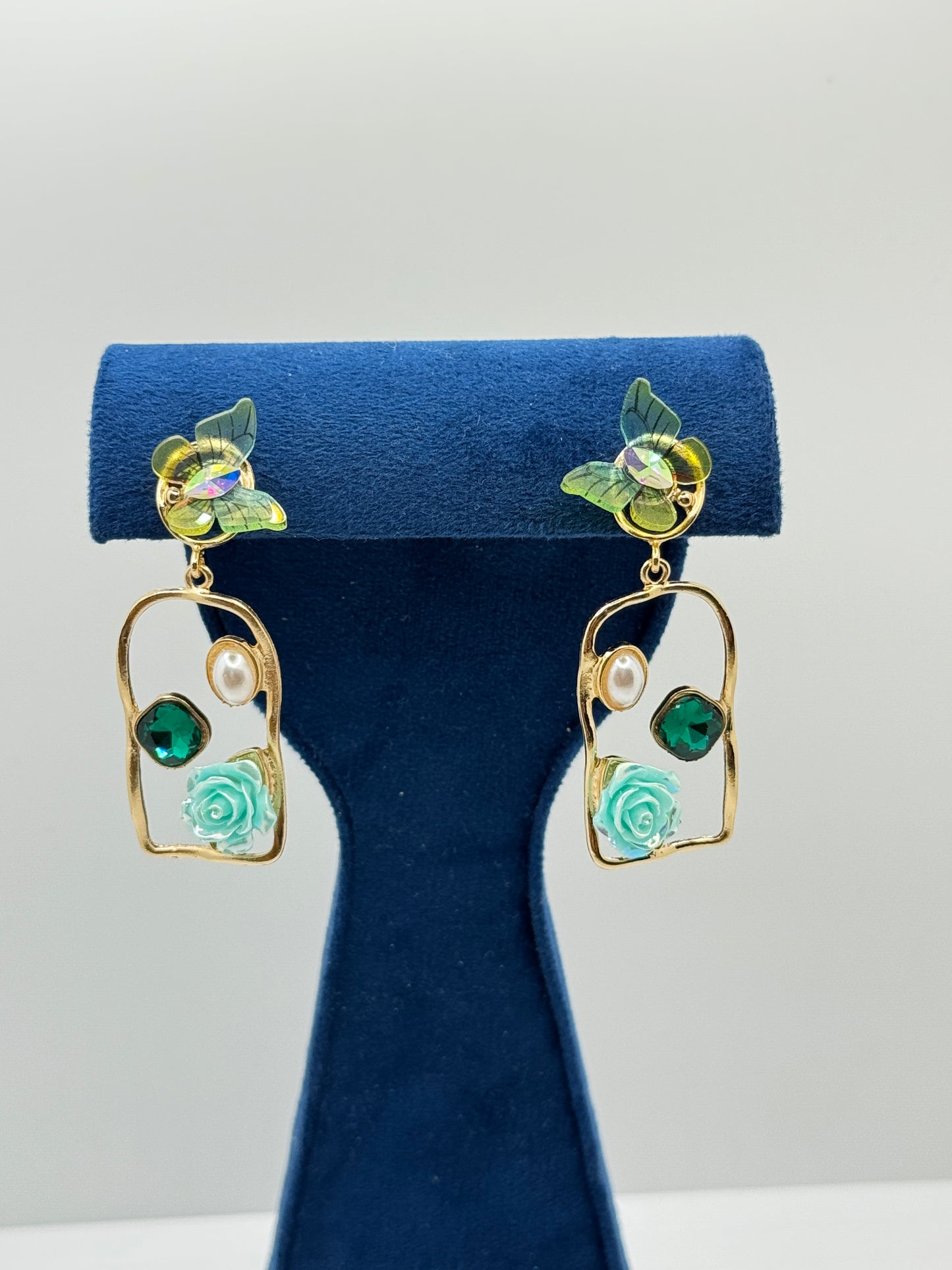 Whimsical Floral Drop Earrings with Butterfly & Rose Details