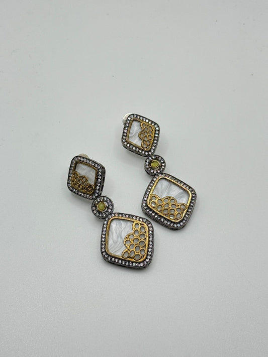 Elegant Square Drop Earrings with White Marbled Inlay and Gold Accents