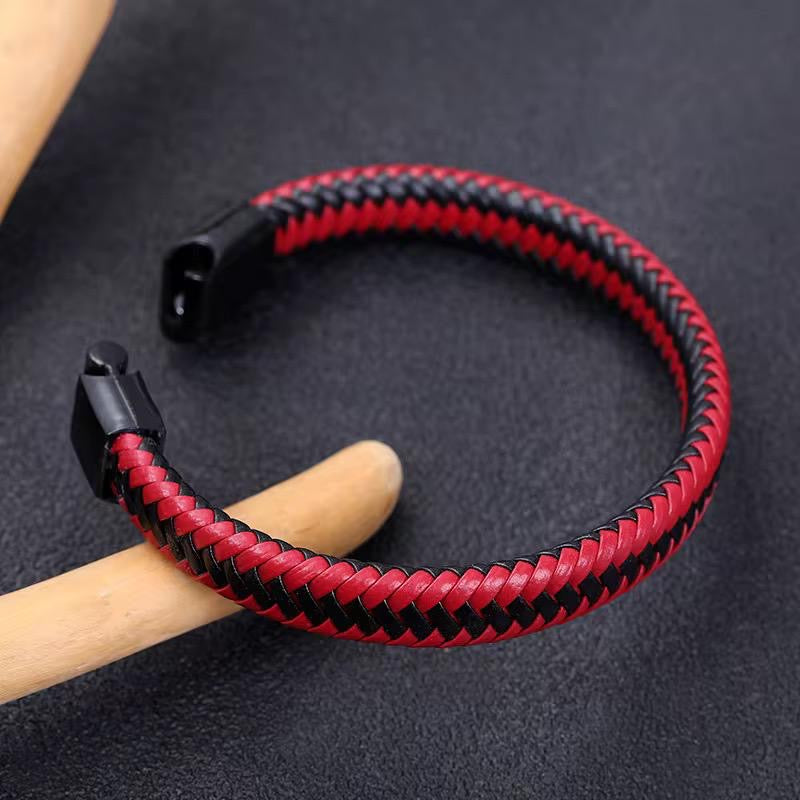 Retro woven leather mens bracelet with magnetic buckle