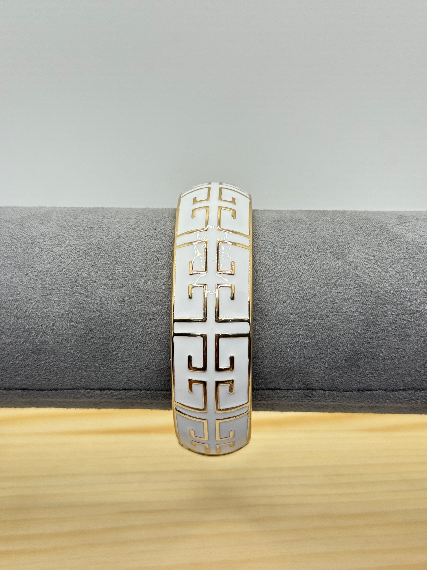 White Bangle with Gold Greek Key Pattern