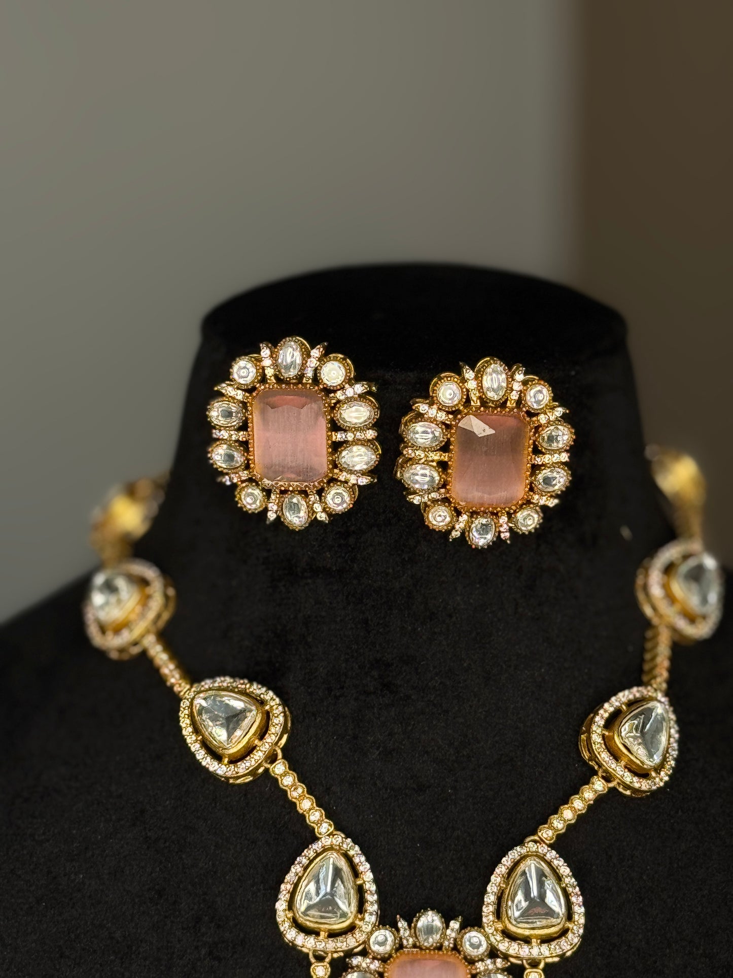 Elegant Pink Stone & Kundan Bridal Necklace Set
