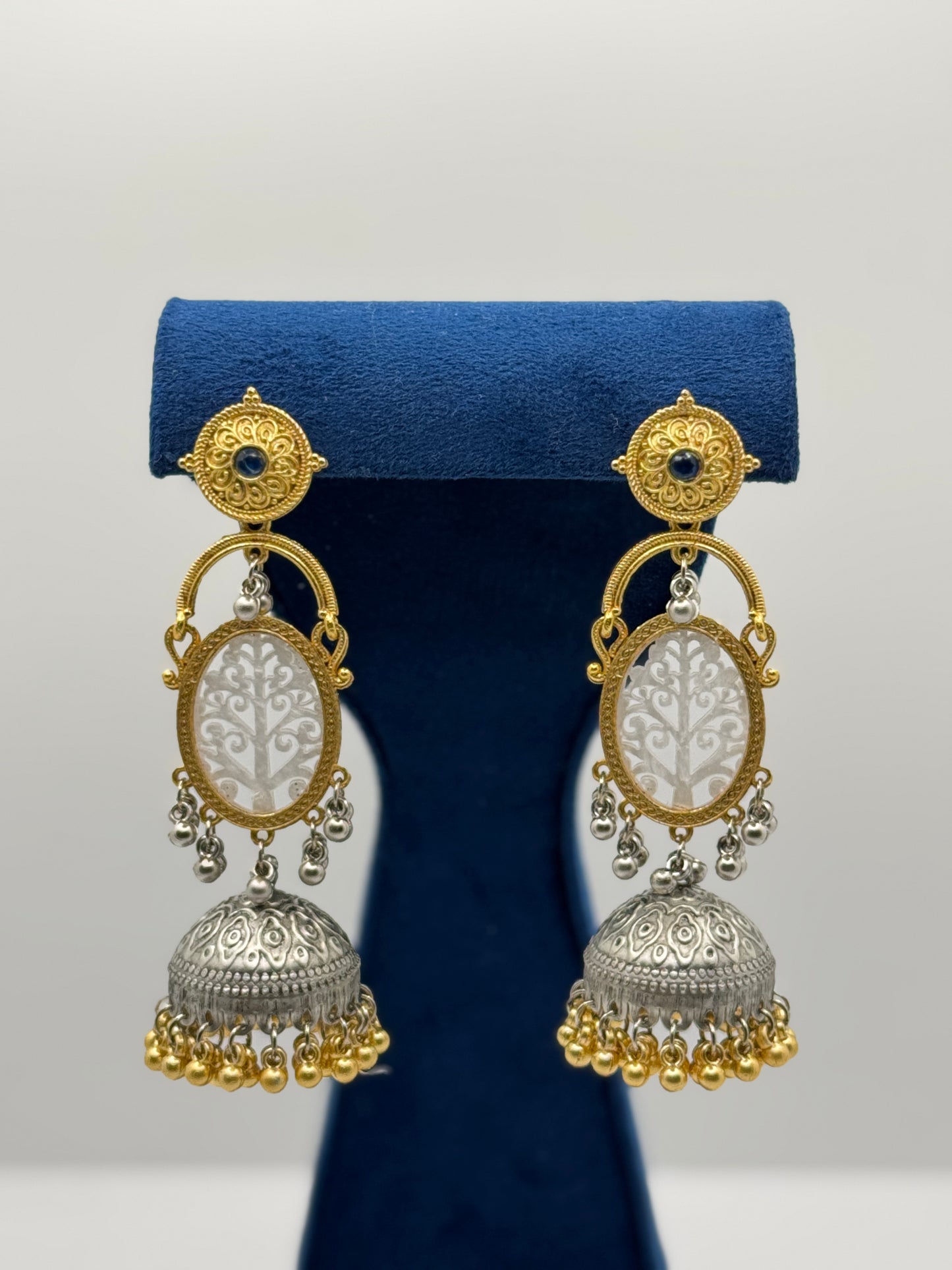 Blue Stone Dual-Tone Tree Jhumkas