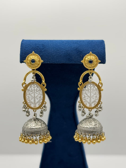 Blue Stone Dual-Tone Tree Jhumkas