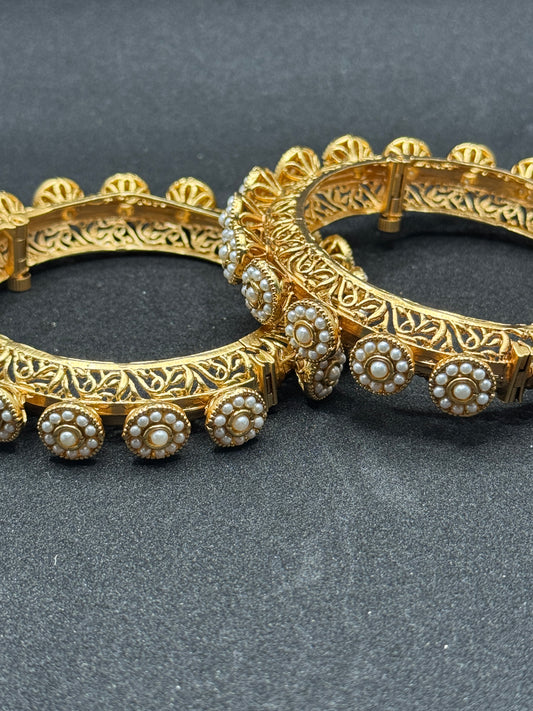 Regal Gold Plated Rajwadi Bangles with Floral and Gemstone Motifs 2*6