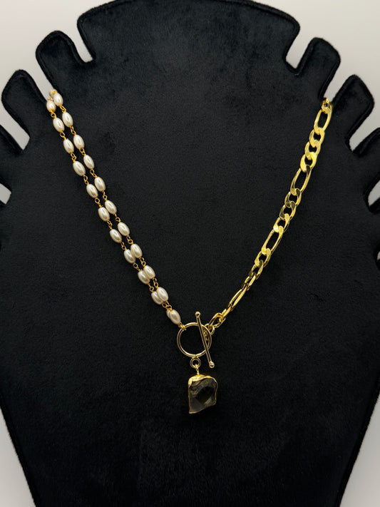 Half Pearl, Half Gold Chain Link Necklace with Smokey Quartz Pendant