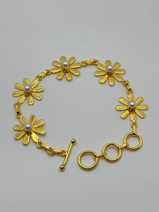 Gold Daisy Bracelet with Pearl Accents and Toggle Clasp