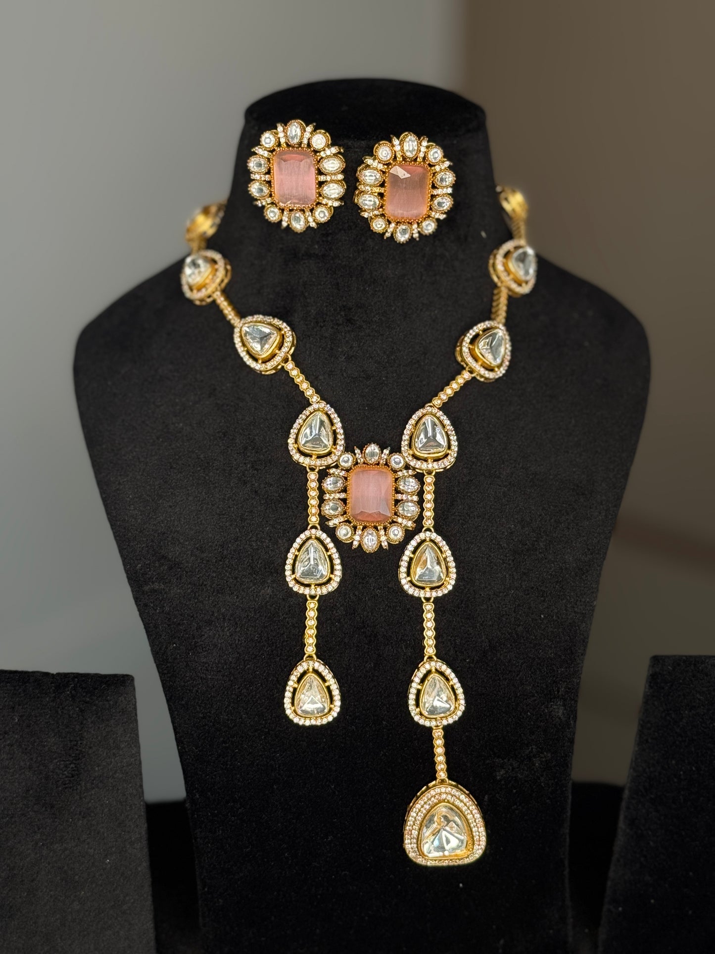 Elegant Pink Stone & Kundan Bridal Necklace Set