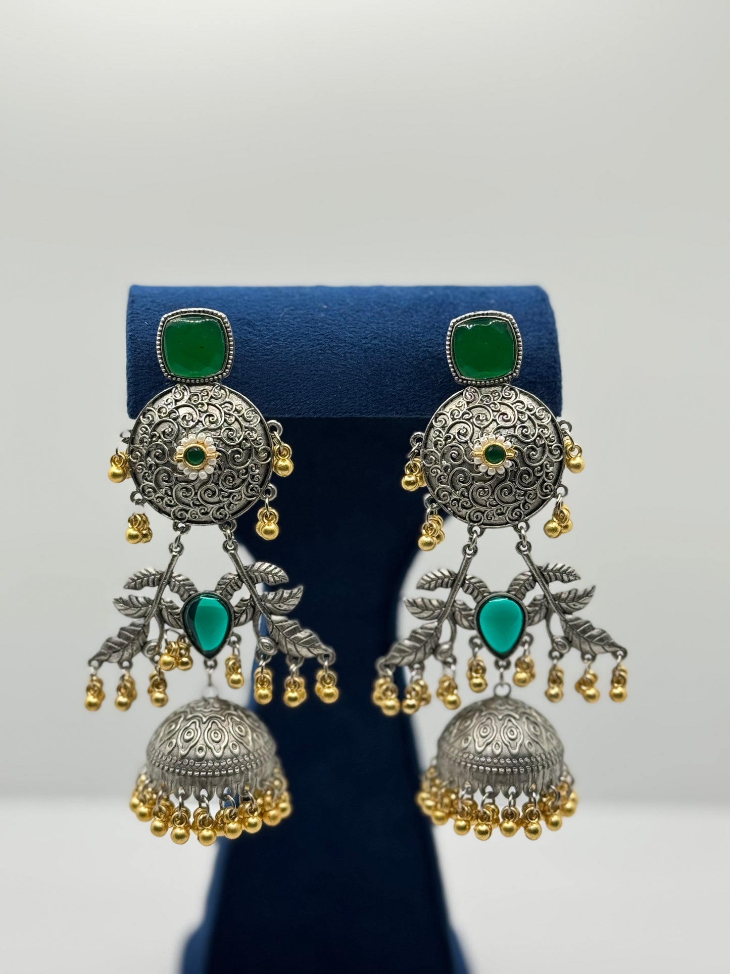 Emerald Green Stone Oxidised Leaf Motif Jhumkas