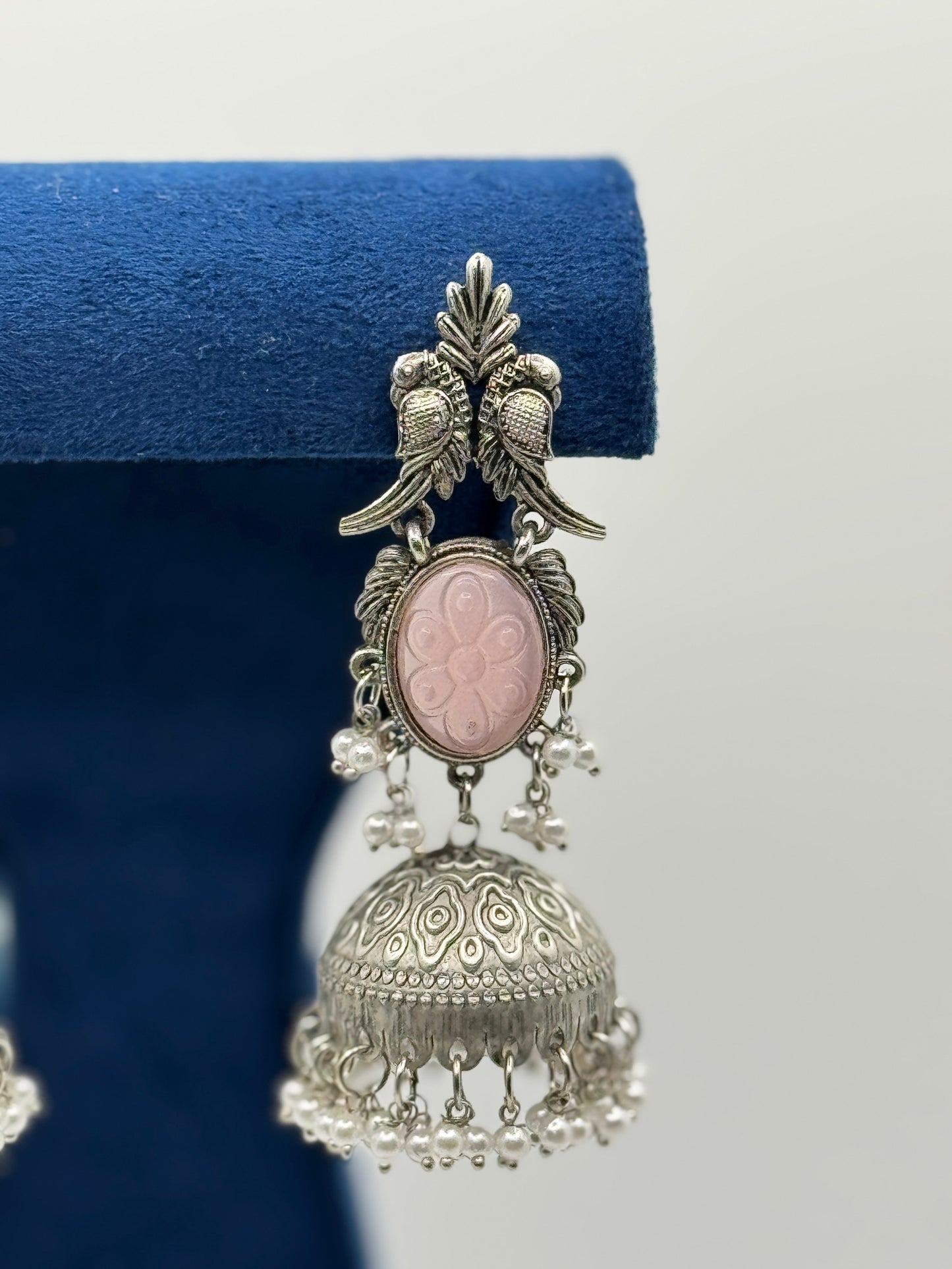 Pink Carved Stone Peacock Jhumkas