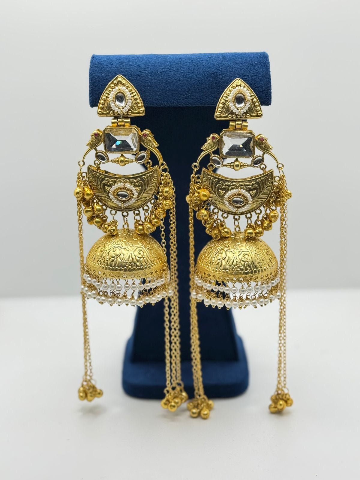 White Enamel & Gold Jhumkas with Delicate Chains