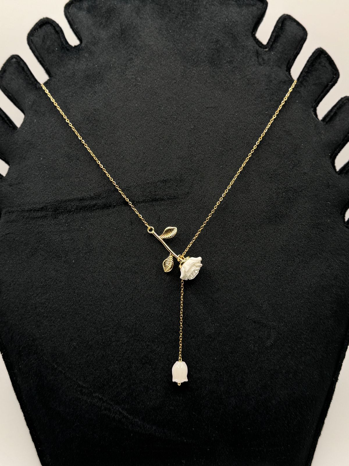 White Rose and Bell Flower Y-Necklace