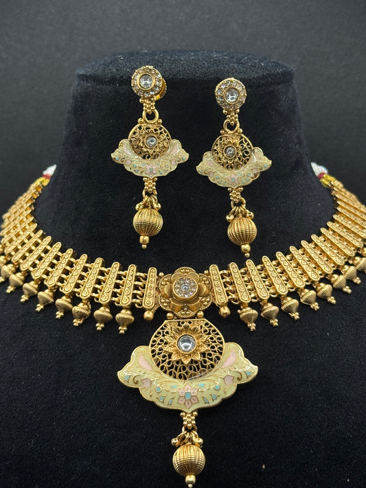 Elegant Gold Plated Choker Necklace Set with Pearl Drops