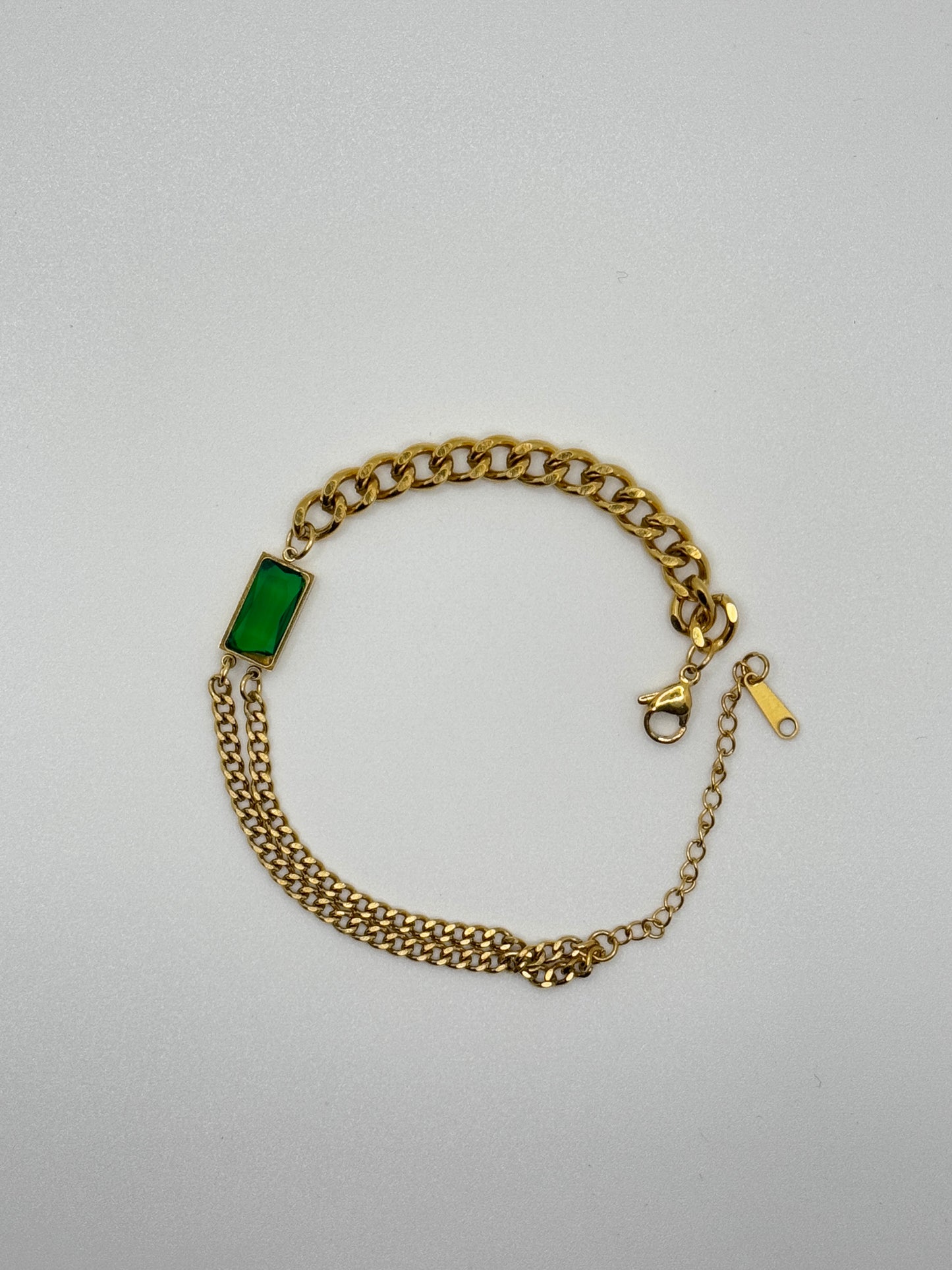 Gold Chain Bracelet with Emerald Green Rectangle Charm