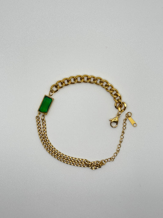 Gold Chain Bracelet with Emerald Green Rectangle Charm
