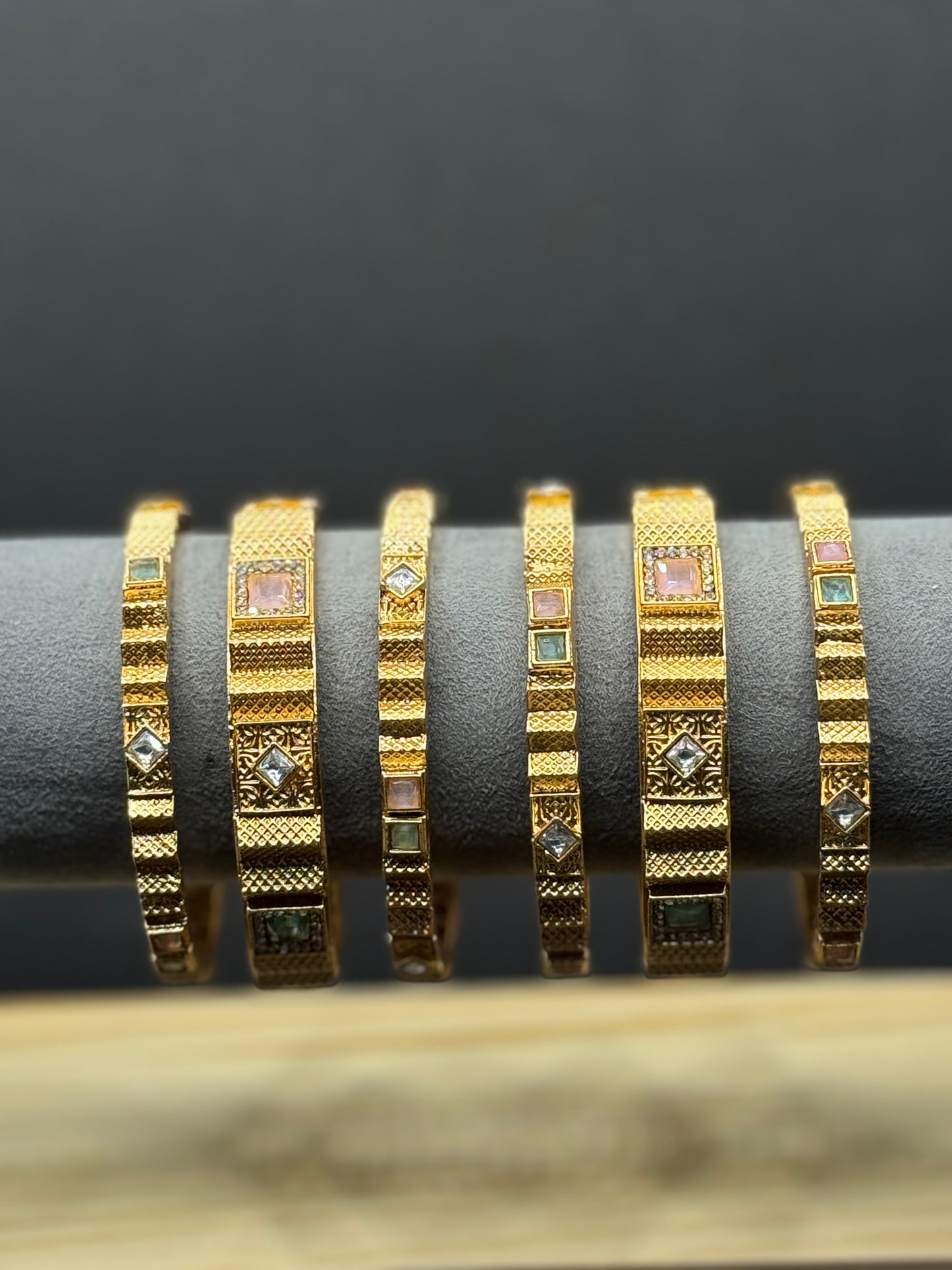 Modern Gold-Toned Bangles with Geometric Gemstone 2*6
