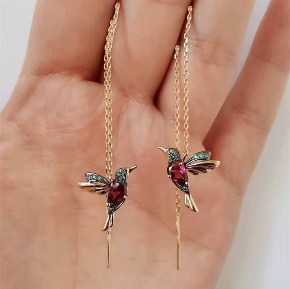 Magenta and Green Hummingbird Threader Earrings
