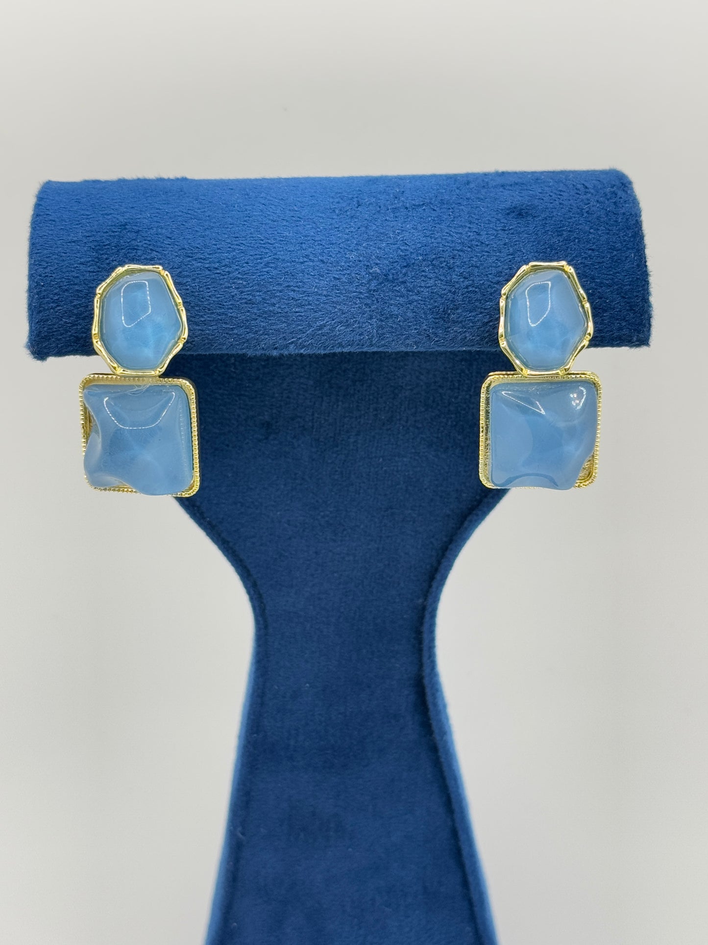 Gold-Toned Dual Stone Drop Earrings - Sky Blue